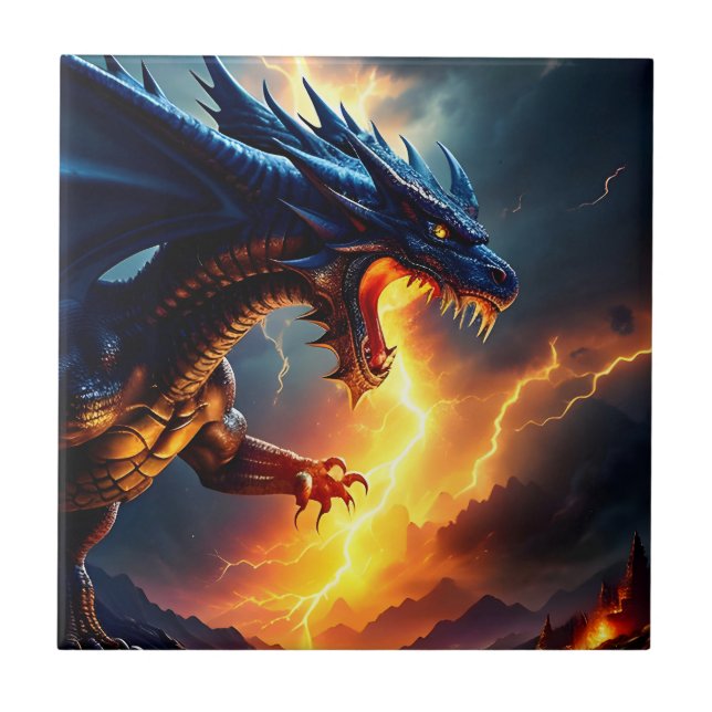 Dragon Fire Lightning Fight Two Ceramic Tile (Front)