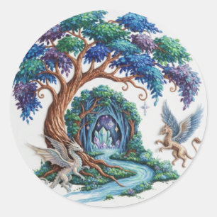 Dragon Flight Over the Waterfall Realm Classic Round Sticker