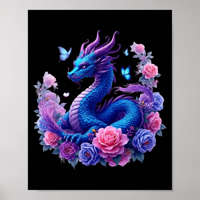 Dragon Flowers Beautiful Art Colorful Graphic  Poster (Front)