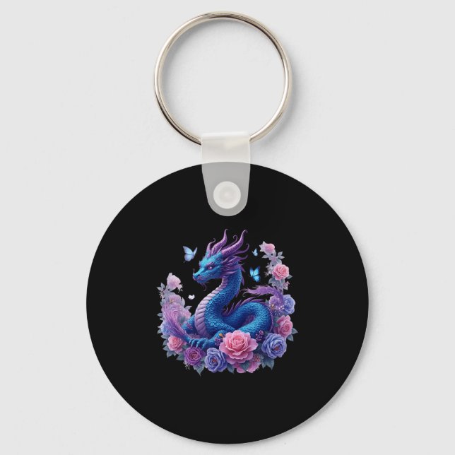 Dragon Flowers Beautiful Art Colourful Graphic  Key Ring (Front)
