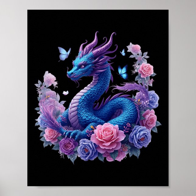 Dragon Flowers Beautiful Art Colourful Graphic  Poster (Front)