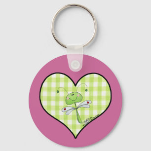 Dragon Fly in green gingham heart Key Ring