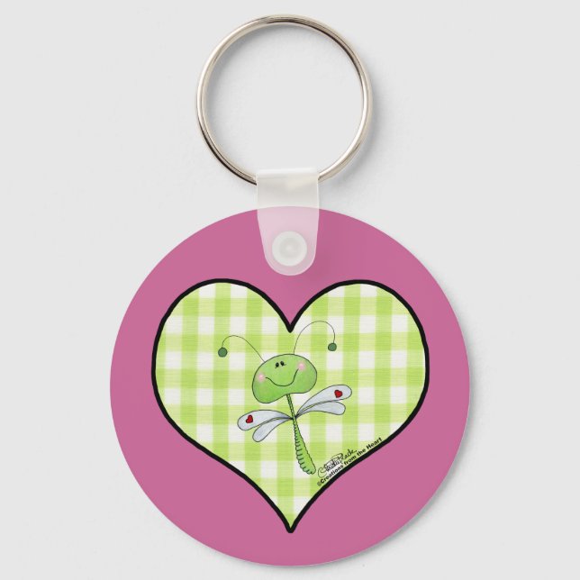 Dragon Fly in green gingham heart Key Ring (Front)