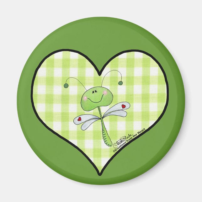 Dragon Fly in green gingham heart Magnet (Front)