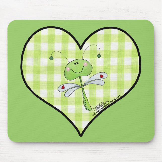 Dragon Fly in green gingham heart Mouse Pad (Front)
