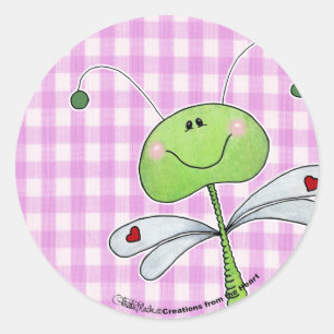 Dragon Fly on Pink Gingham Classic Round Sticker