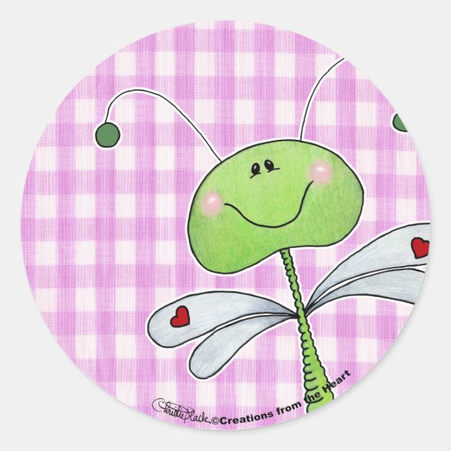 Dragon Fly on Pink Gingham Classic Round Sticker (Front)