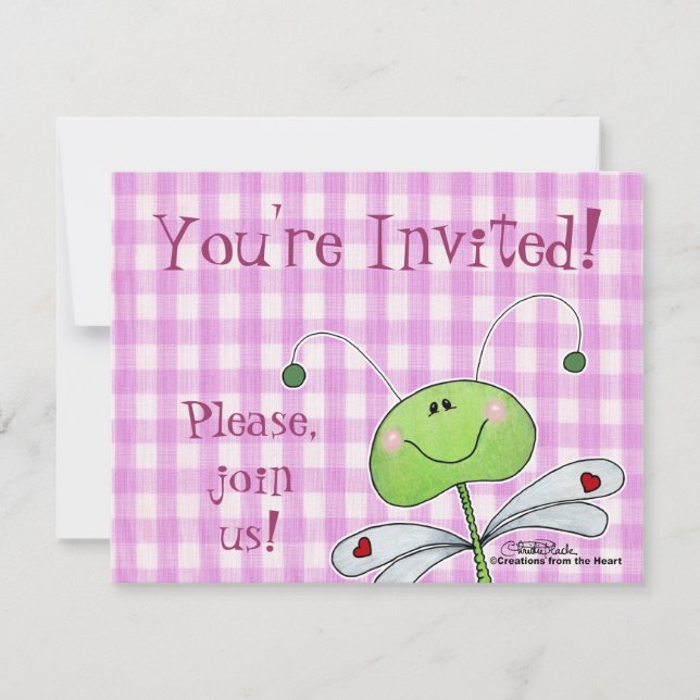 Dragon Fly on Pink Gingham Invitation (Front)