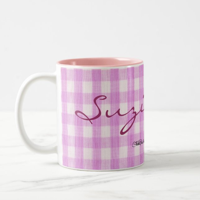 Dragon Fly on Pink Gingham Two-Tone Coffee Mug (Left)