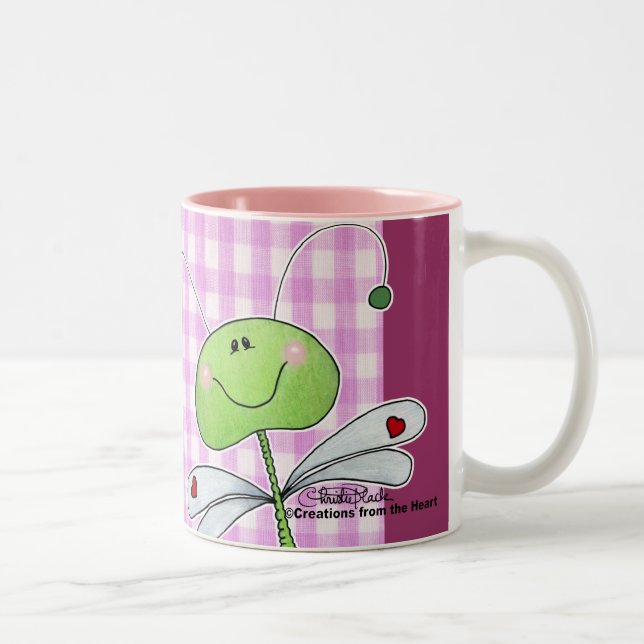 Dragon Fly on Pink Gingham Two-Tone Coffee Mug (Right)