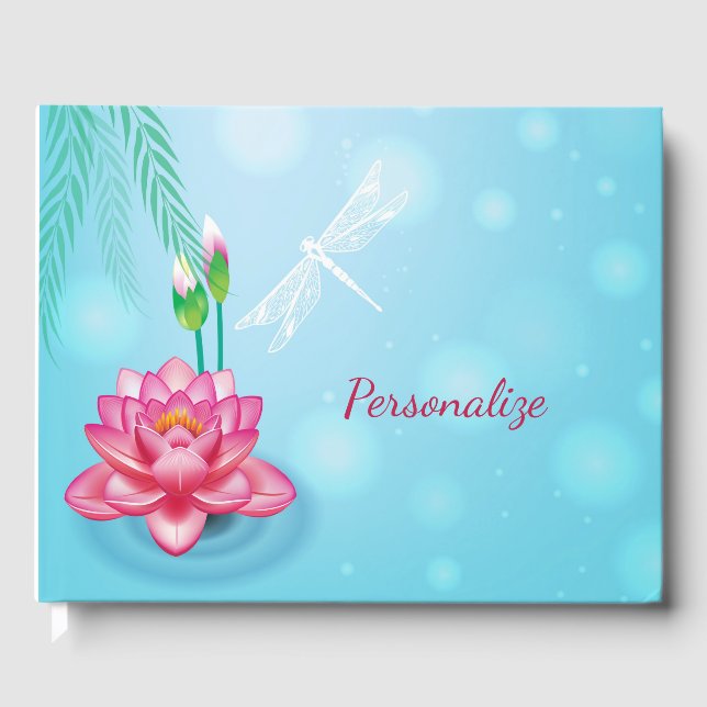 Dragon Fly Pink Lotus Flower Personalised Guest Book (Front)