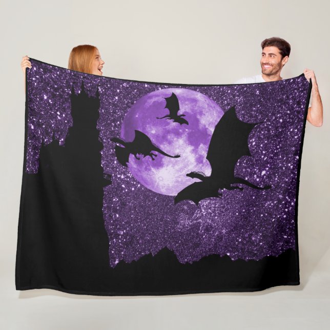 Dragon flying, fantasy purple sky castle,full moon fleece blanket (In Situ)
