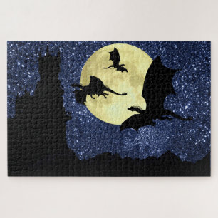 Dragon flying, midnight full moon dragon castle jigsaw puzzle