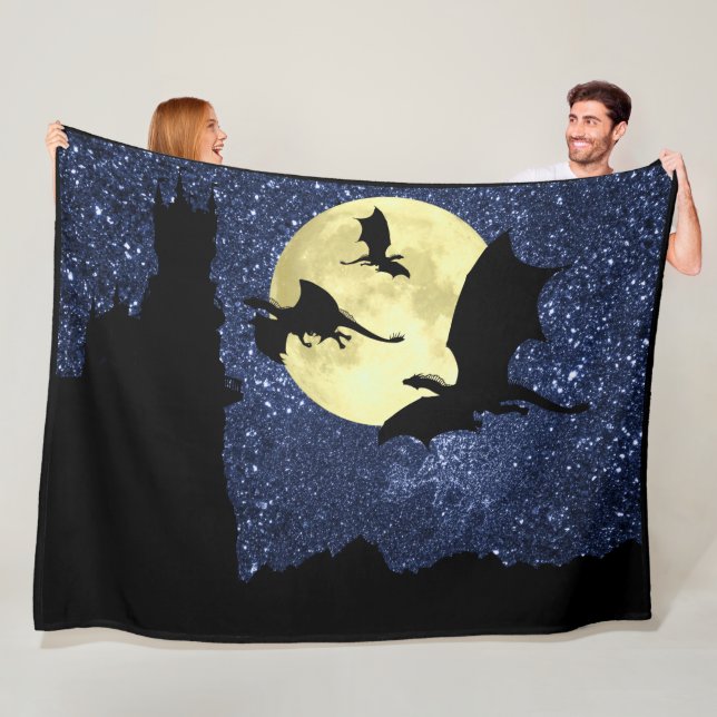 Dragon flying, Midnight sky cliff castle,full moon Fleece Blanket (In Situ)