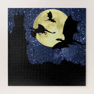 Dragon flying,midnight sky cliff castle,full moon jigsaw puzzle