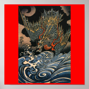 Dragon flying over the Water c. 1800's (Japan) Poster