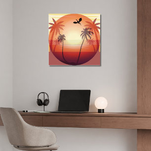 Dragon flying over tropical island at sunset   poster