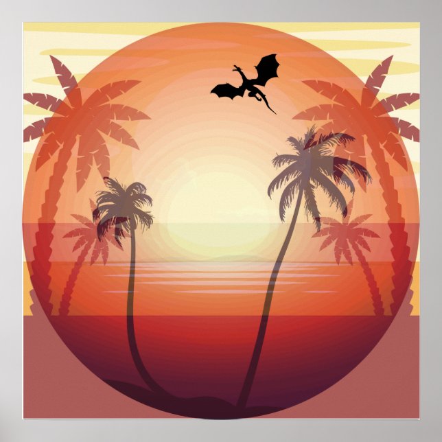 Dragon flying over tropical island at sunset   poster (Front)