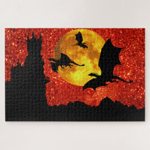 Dragon flying, sunrise sky cliff castle,full moon jigsaw puzzle