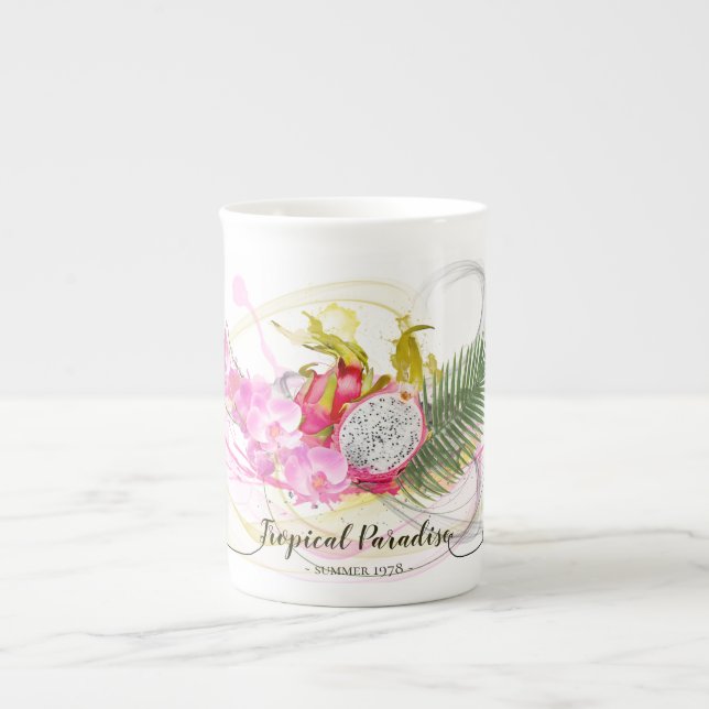 Dragon Fruit and Pink Orchid Tropical Calligraphy Bone China Mug (Front)