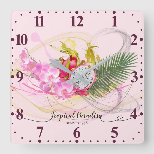 Dragon Fruit and Pink Orchid Tropical Calligraphy Square Wall Clock (Front)