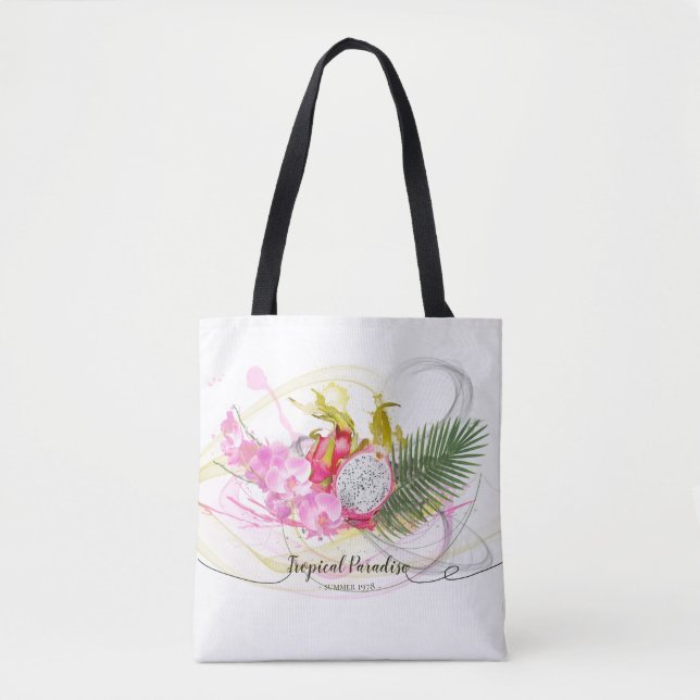 Dragon Fruit and Pink Orchid Tropical Calligraphy Tote Bag (Front)