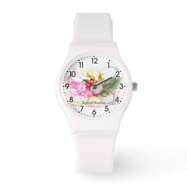 Dragon Fruit and Pink Orchid Tropical Calligraphy Watch (Front)