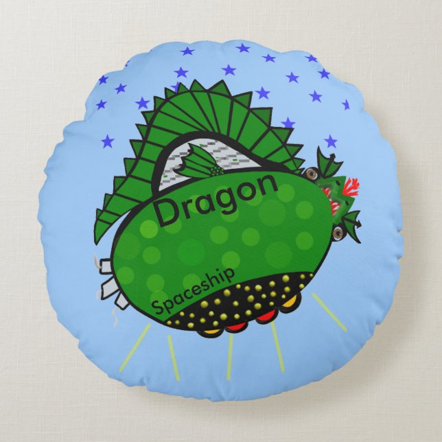 Dragon Green Spaceship Stars Kids Round Cushion (Front)