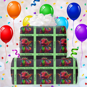Dragon Happy Birthday Personalise Child's Name Wrapping Paper