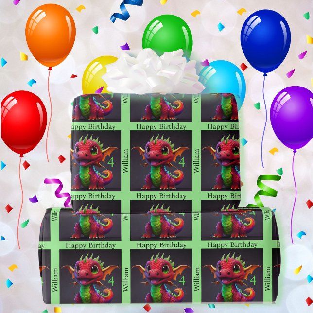 Dragon Happy Birthday Personalise Child's Name Wrapping Paper (Creator Uploaded)