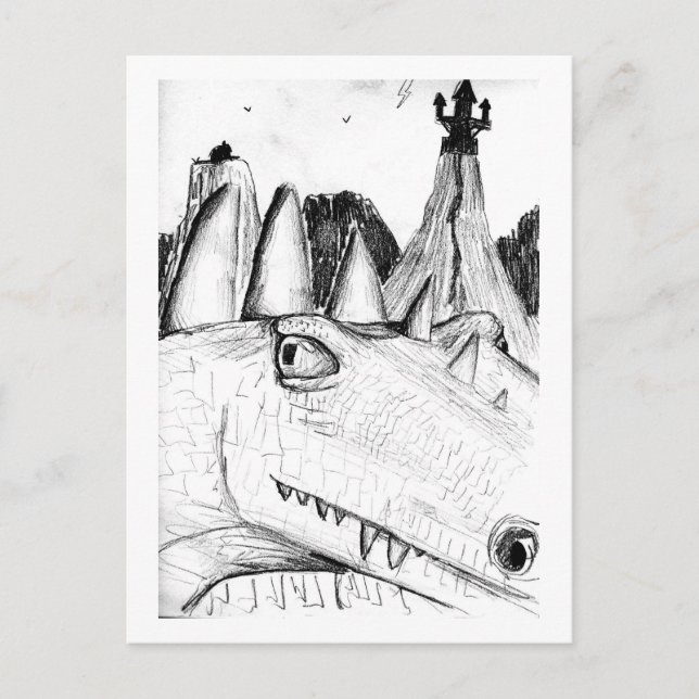 Dragon head drawing castle on hill beast postcard (Front)