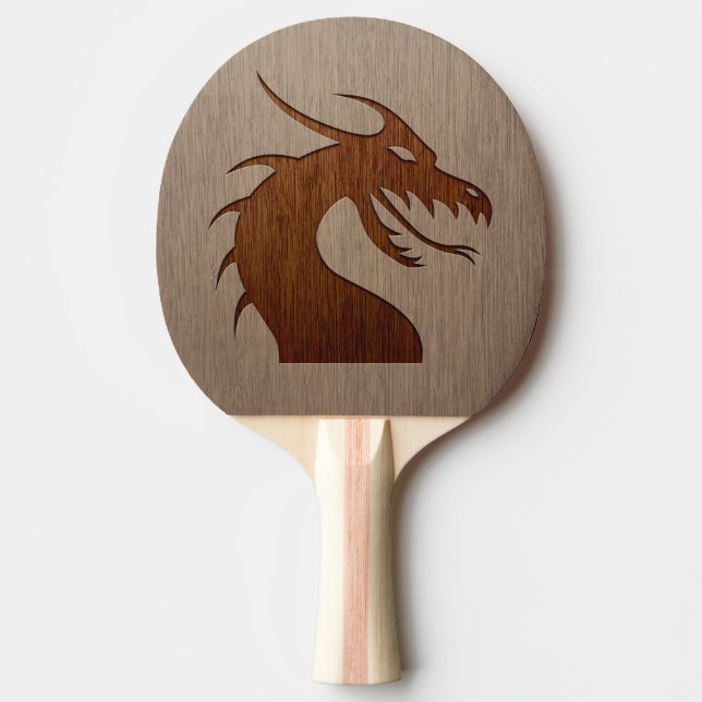 Dragon head engraved on wood effect ping pong paddle (Front)