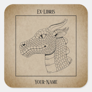 Dragon Head in Profile B&W Bookplate Square Sticker