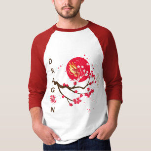 Dragon head in red moon with cherry blossom T-Shirt