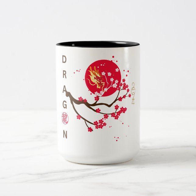 Dragon head in red moon with cherry blossom Two-Tone coffee mug (Center)