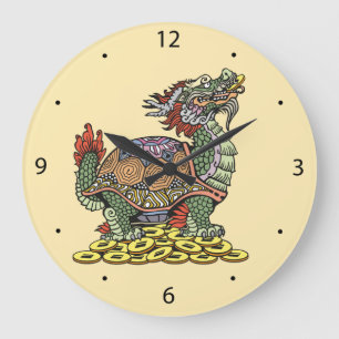 Dragon-headed Turtle sitting on a lot of coins Large Clock