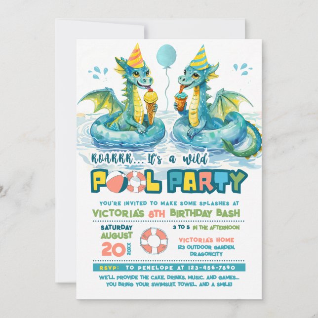 Dragon Ice Cream Pool Party Birthday Invitation (Front)