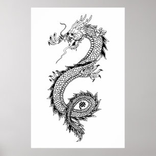 Dragon Illustration with Dragon Kanji 竜 Poster