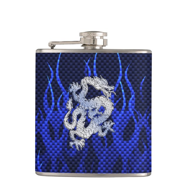 Dragon in Chrome like blue Carbon Fibre Styles Hip Flask (Front)