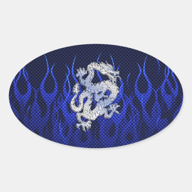 Dragon in Chrome like blue Carbon Fibre Styles Oval Sticker (Front)