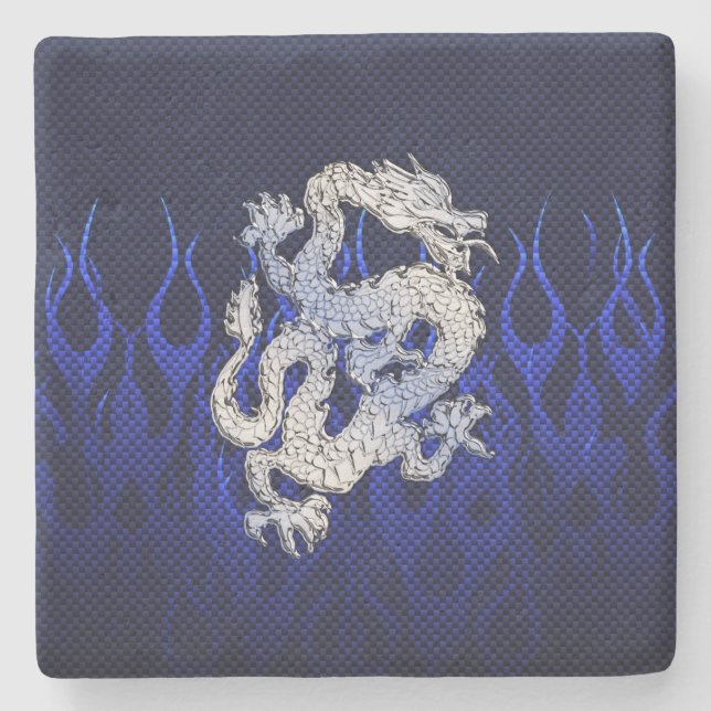 Dragon in Chrome like blue Carbon Fibre Styles Stone Coaster (Front)