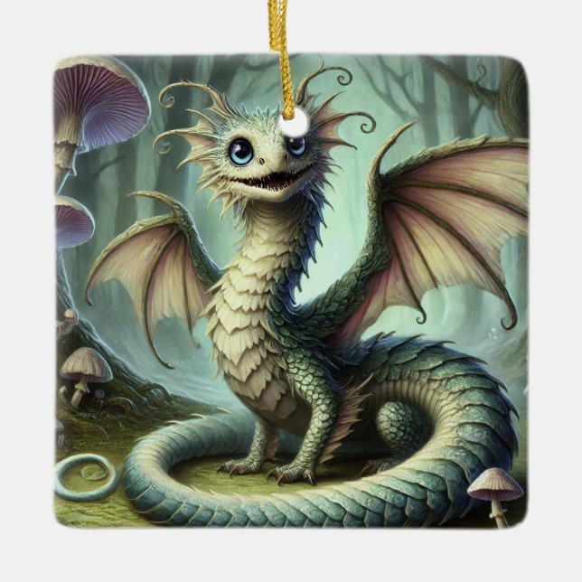 Dragon Jabberwocky Cute Fantasy Creature Art Ceramic Ornament (Front)