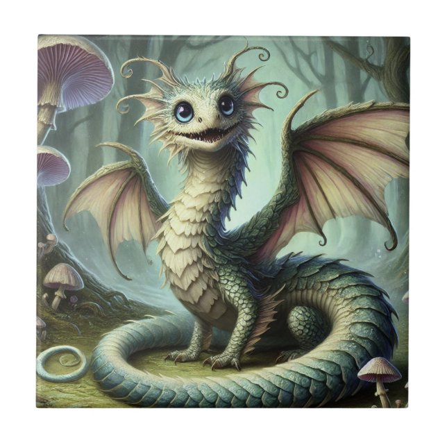 Dragon Jabberwocky Cute Fantasy Creature Art Ceramic Tile (Front)