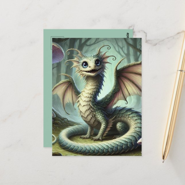 Dragon Jabberwocky Cute Fantasy Creature Art Postcard (Front/Back In Situ)