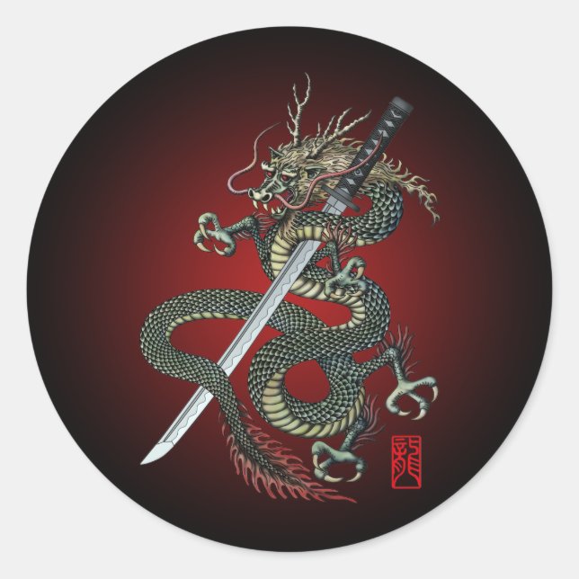 Dragon katana classic round sticker (Front)