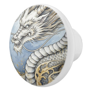 Dragon knobs, Vintage white gold dragon art Ceramic Knob