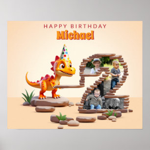 Dragon Little Dino   Photo Big Number 2nd Birthday Poster