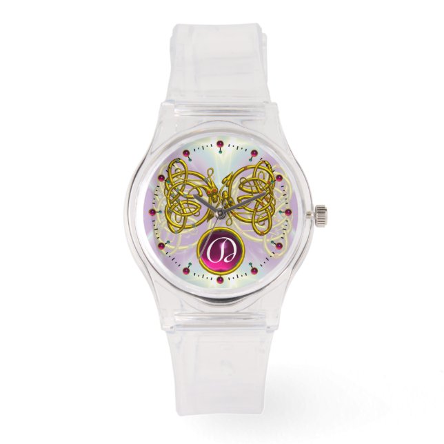 DRAGON LOVE/ GOLD CELTIC KNOTS GEMSTONE MONOGRAM WATCH (Front)
