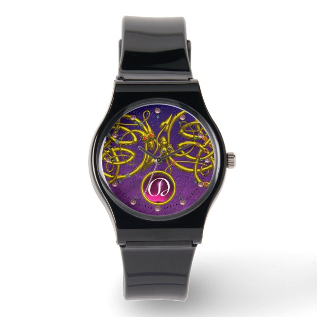 DRAGON LOVE/ GOLD CELTIC KNOTS GEMSTONE MONOGRAM WATCH (Front)