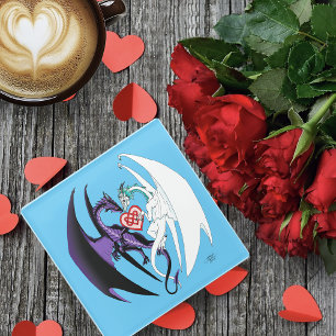 Dragon Love Heart Blue Glass Coaster